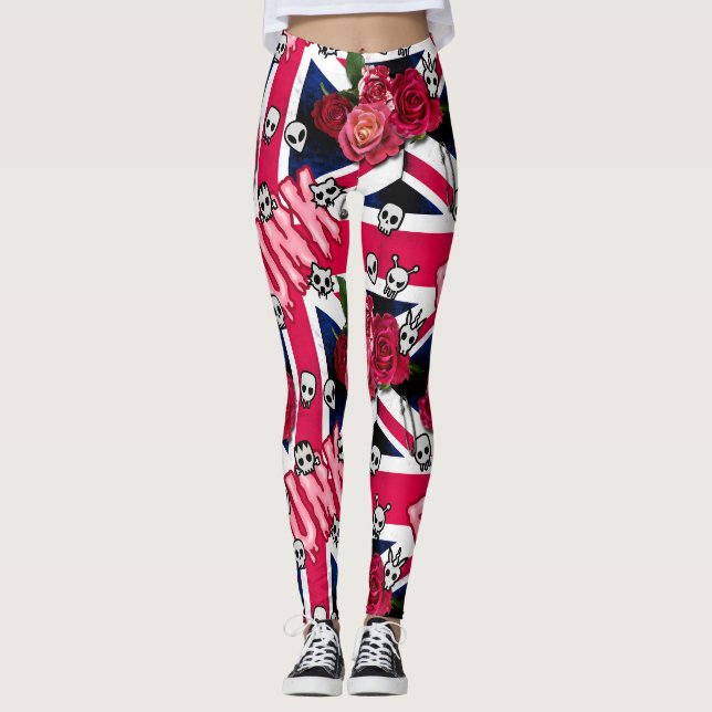 Leggings Union Jack rose punk Grunge avec Emojis et Rose (Devant)