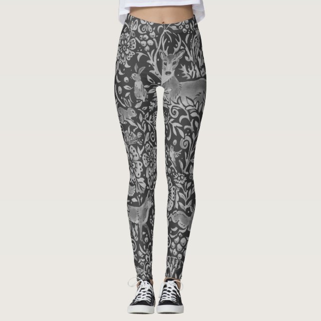 Leggings Unique Gris Forêt Animal Fox Rabbit Owl Imaginaire (Devant)