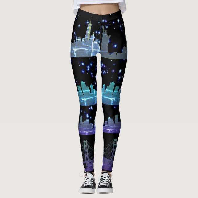 Leggings USA City Skylines Silver Nightlife avec étoiles (Devant)