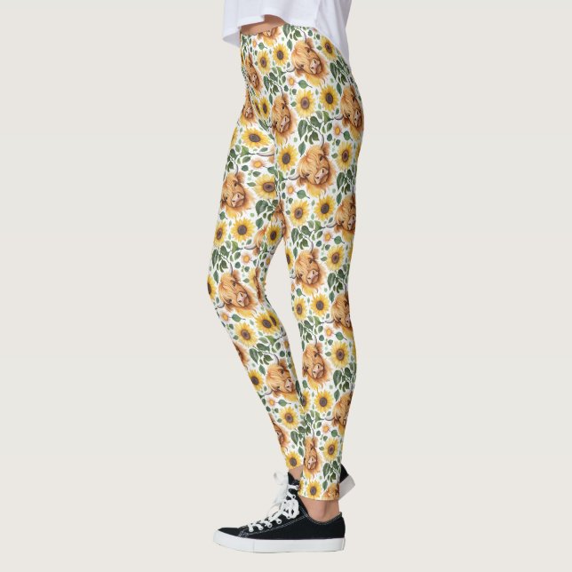 Leggings Vaches Highland et fleurs de tournesol jaune (Gauche)