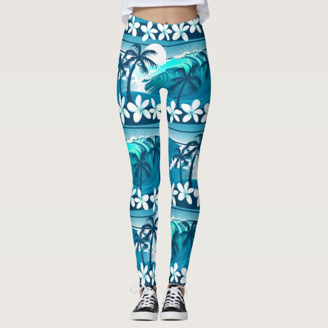 Leggings vague de surf tropicale avec palmiers (Devant)