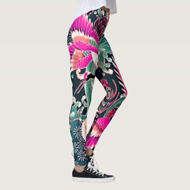 Leggings VAGUES DE CRANES VOLANTES, FLEURS Rose Floral Japo (Droite)