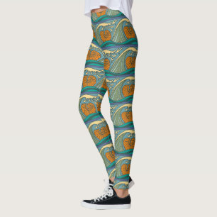 Leggings Vagues d'océan bleu motif coquille de nautile Nouv