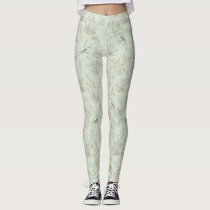 Leggings Vert menthe Toile de Jouy française oiseaux et fle