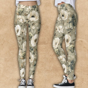 Leggings Vert Sage Et Floral Crème