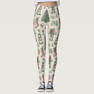 Leggings Vert sauge vintage Toile de Noël d'hiver (1)