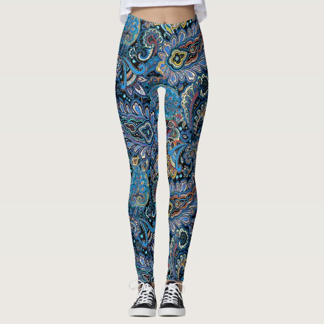 Leggings Vibrant Paisley Pattern in Blue on Black (Devant)
