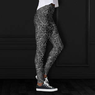 Leggings Vintage Fleur de Lis   Black Silver Grunge Damask