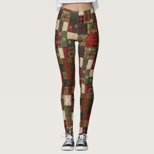 Leggings Vintage Holiday Quilt – Cozy Plaid, Snowflakes & F