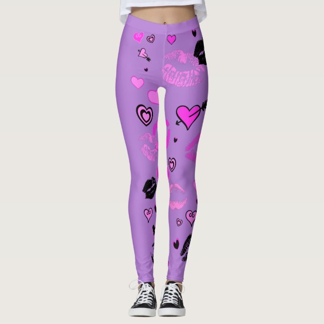 Leggings Violet avec Coeurs et Lèvres (Devant)