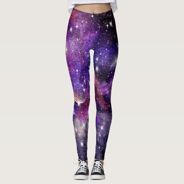 Leggings Violet Galaxy Voie Lactée Avec Planète (Devant)