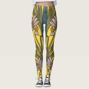 Leggings Vitrail Art Nouveau Fleur d'Iris Bleu Or