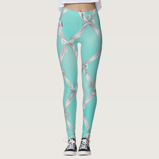 Leggings White Bows Turquoise Robin's Egg Blue (Devant)