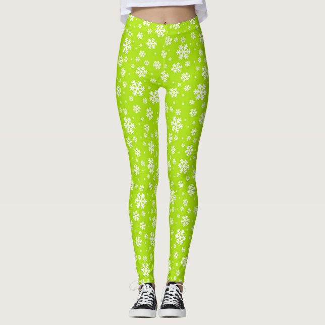 Leggings White Snowflakes on Green Winter Pattern (Devant)