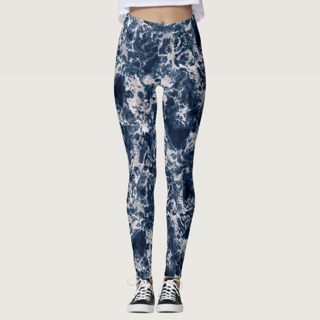 Leggings Women - Blue and Silver Marble Pattern (Vorderseite)