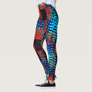 Leggings Xadrez azul, laranja, faux sujo ou manchado.