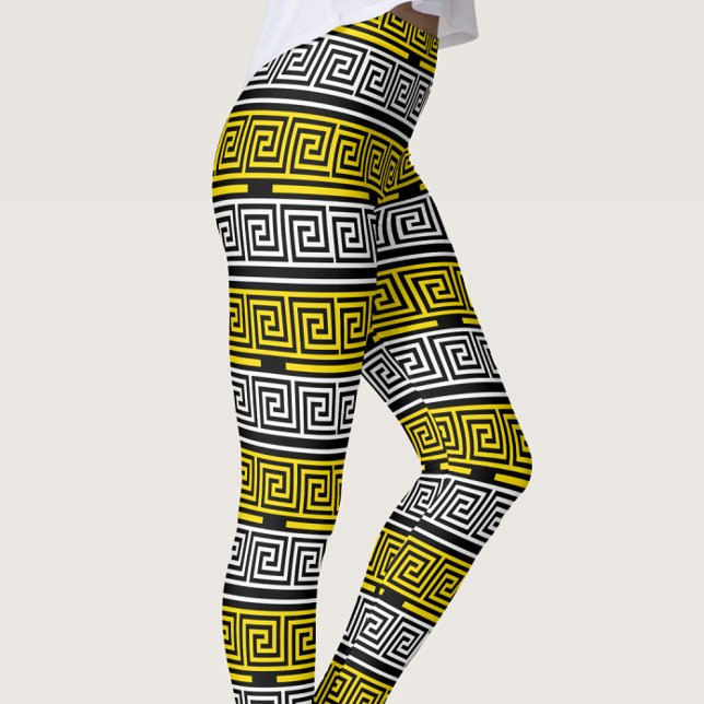 Leggings Yellow White Black Greek Key Fret Pattern Design  (Créateur téléchargé)