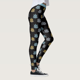 Leggings Yoga Lotus Flower Blue Grey Gold