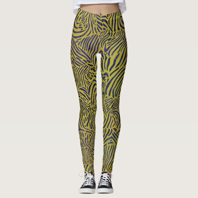 Leggings Zèbre en or métallique et bleu (Devant)