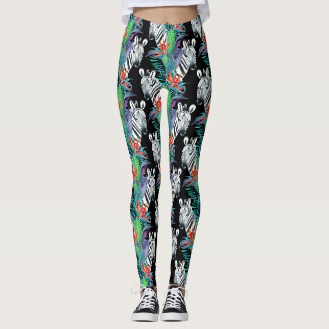 Leggings Zèbre et motif de fleurs exotique 2 (Devant)