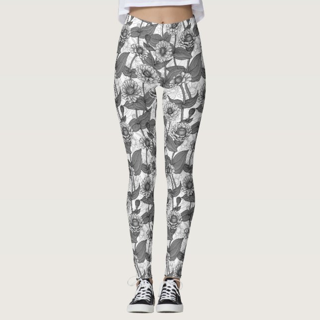 Leggings Zinnias, monochrome sur blanc (Devant)