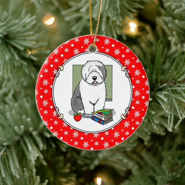 Lehrer Alte Englische Schafhunde (Grau 1) Niedlich Keramik Ornament (Baum)