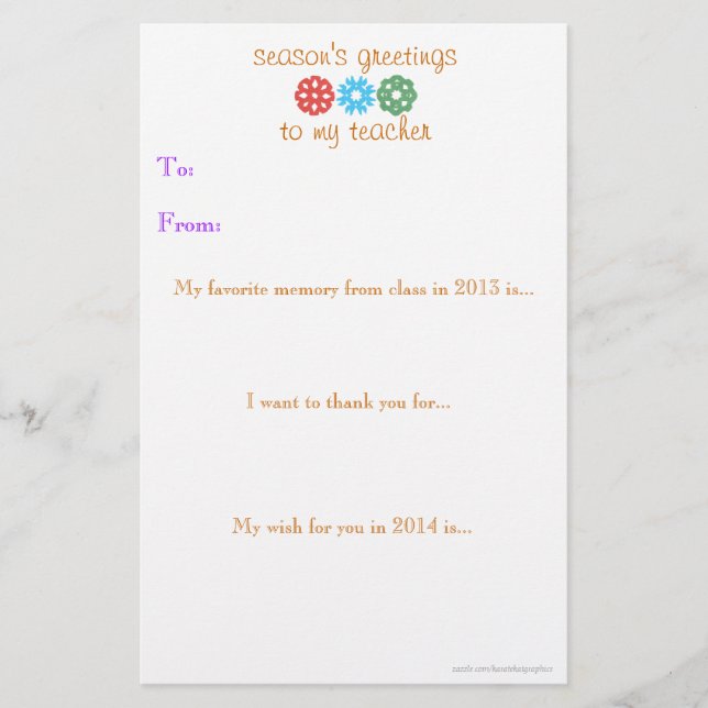 Lehrer-Feriengeschenkanmerkung 2013-2014 Briefpapier (Vorderseite)