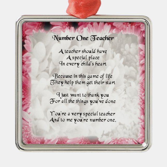 Lehrer-Gedicht - rosa Blumenrand Entwurf Silbernes Ornament (Vorne)