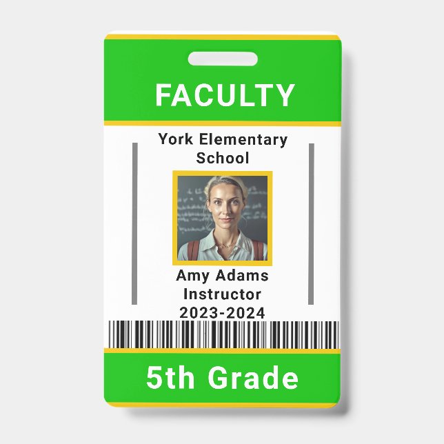 Lehrer-ID-Abzeichen Vorlage W/ Strichcode Grün Ausweis (Vorderseite)