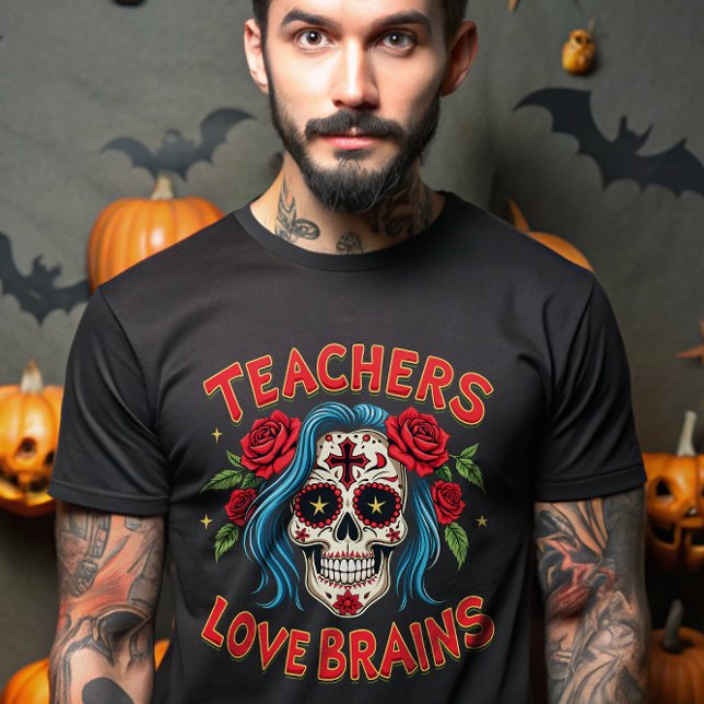 Lehrer Liebe Hirn Halloween Zucker Schädel Blumenz T-Shirt (Von Creator hochgeladen)