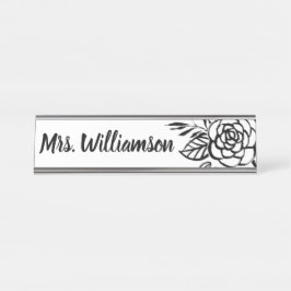 Lehrer-MonogrammSchwarz-weiße Chic-Blume Schreibtischnamensplakette