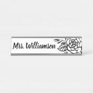 Lehrer-MonogrammSchwarz-weiße Chic-Blume Schreibtischnamensplakette