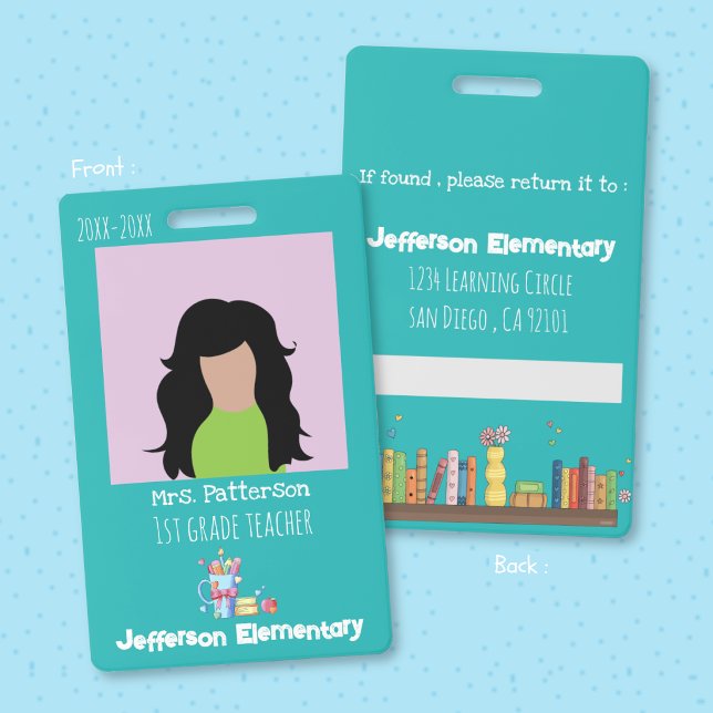Lehrer Teal vertikales Foto-ID-Abzeichen Ausweis (Teacher teal vertical photo ID badge .)