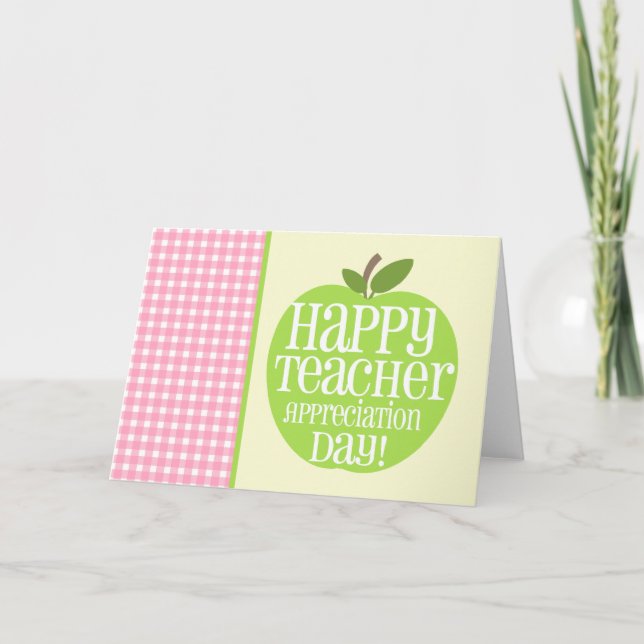 Lehrer Wertschätzung Tag Green Apple Pink Gingham Karte (Vorderseite)