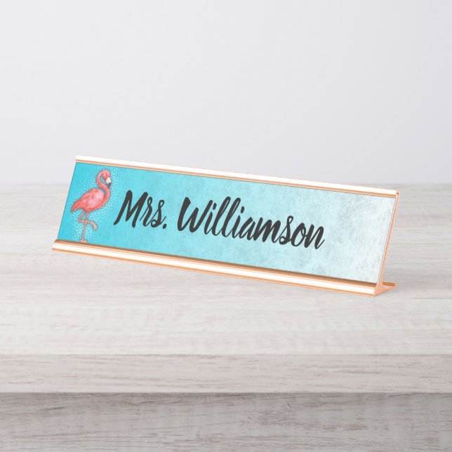Lehrerin Beruflich Pink Flamingo Blue Schreibtischnamensplakette (Vorderseite )