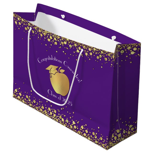 Lehrerin Bildung Abschluss Lila Gold Große Geschenktüte (Vorderseite Schrägansicht)