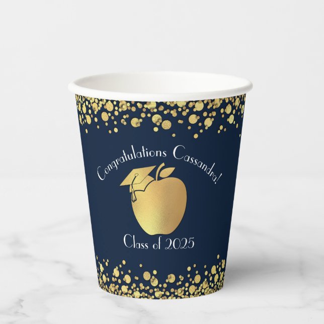 Lehrerin Bildung Abschluss Navy Blue Gold Pappbecher (Vorderseite)