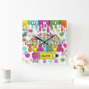 Lehrerin: farbenfroh, blumenreich, Inspirierend De Quadratische Wanduhr