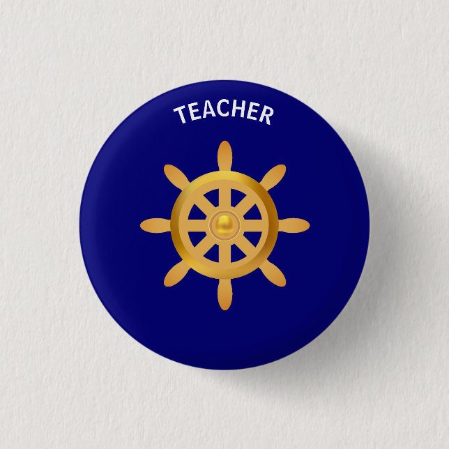Lehrerin goldenes Schiffrad auf königsblau Button (Vorderseite)