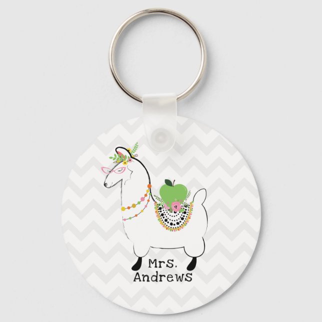 Lehrerin Llama Green Apple Floral Schlüsselanhänger (Vorderseite)