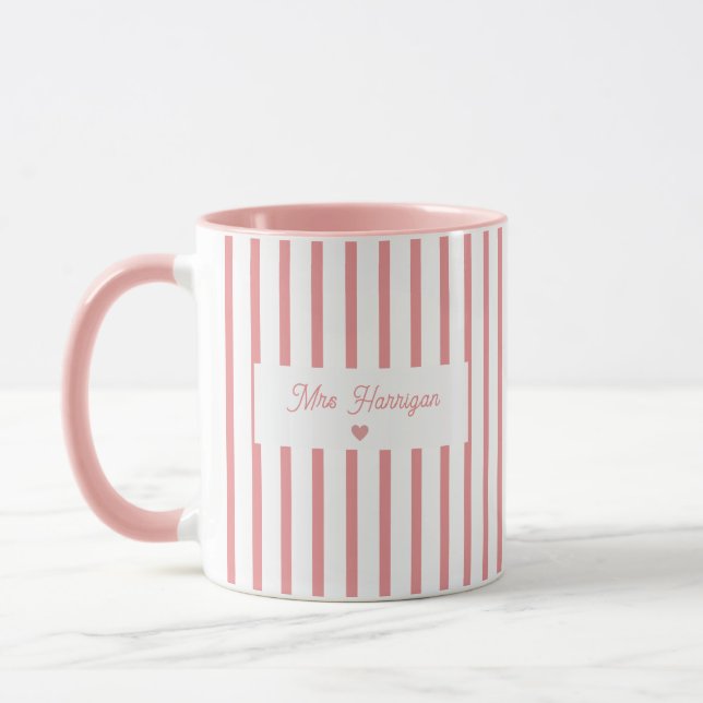 Lehrerin-Monogramm mit rosa Streifen Tasse (Links)