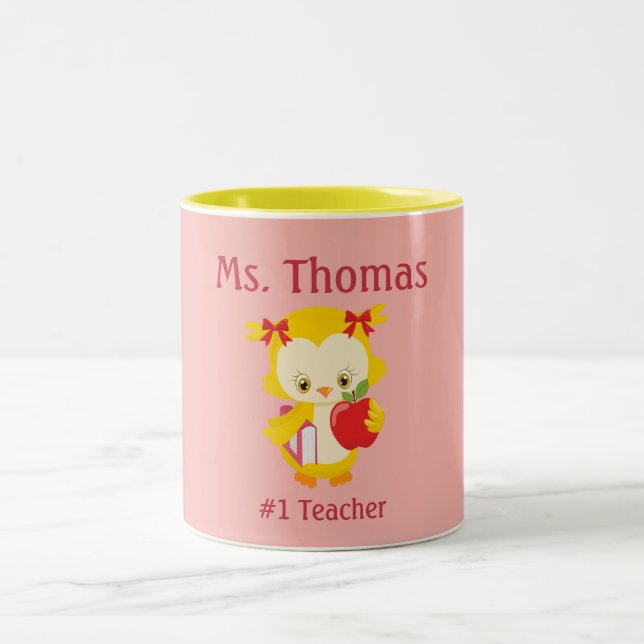 Lehrerin Owl Rosa Gelb und Rot Zweifarbige Tasse (Mittel)