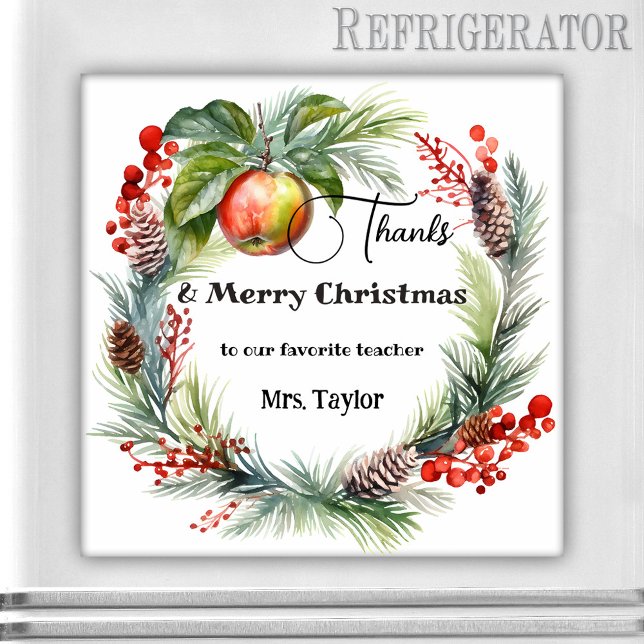 Lehrerin Weihnachten Danke Magnet (Magnet featuring a watercolor Christmas holiday wreath with an apple. Thank You teacher gift)