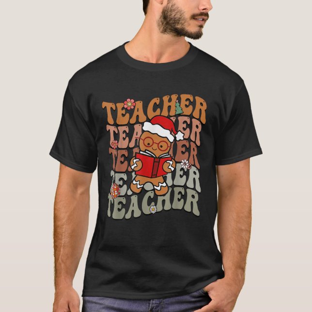 Lehrerin Weihnachts Groovy Retro Gingerbread Lesen T-Shirt (Vorderseite)