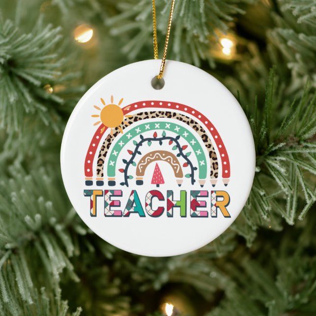 Lehrerin Weihnachts Rainbow Light Keramik Ornament (Baum)