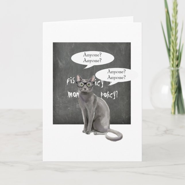 Lehrerkatze mit geklappter Grußkarte im Kopfbrett Karte (Vorderseite)