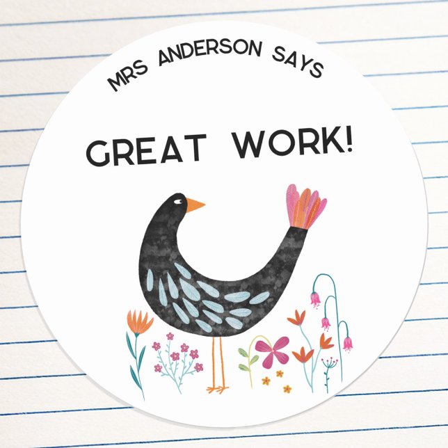 Lehrername Ermutigung Bird Runder Aufkleber (Fun bird personalize teacher name student encouragement great work sticker)