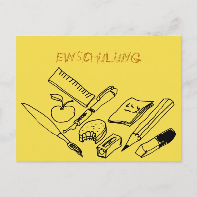 Lehrmittel auf Einladung zur Einschulung Postkarte (Vorderseite)