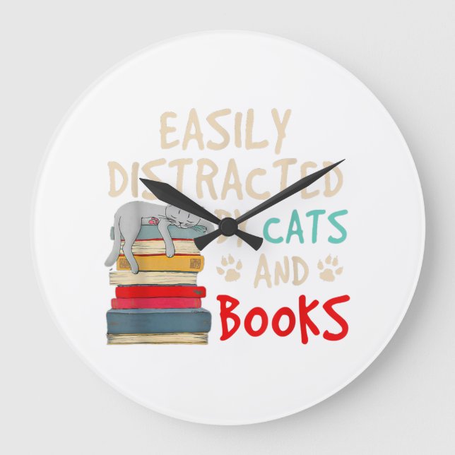 Leicht abgelenkt von Katzen und Büchern - Katze _  Große Wanduhr (Vorderseite)