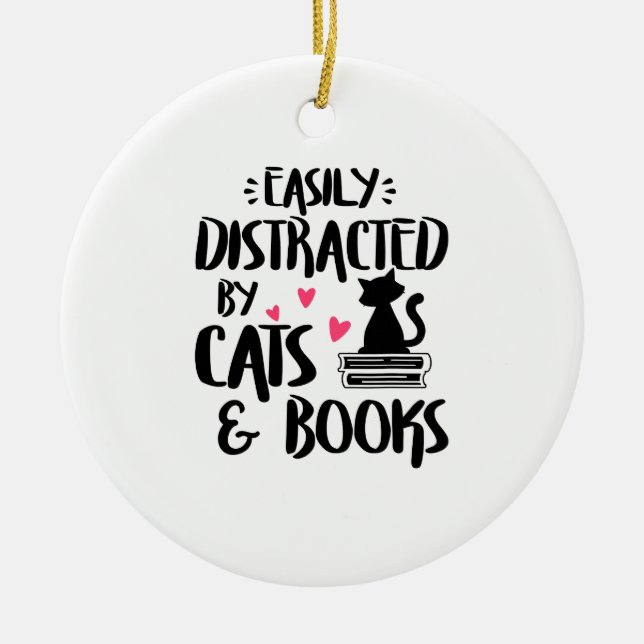 Leicht abgelenkt von Katzen und Büchern - Katze &  Keramik Ornament (Vorne)